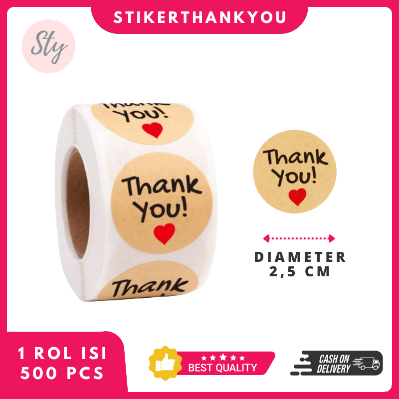 

500 Pcs/Rol Stiker Thank You Love Coklat Kraft