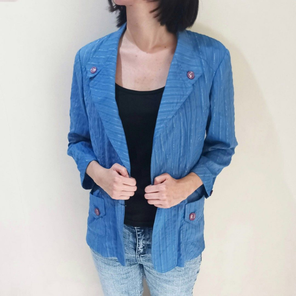 Blazer Outer Luaran Wanita Biru Salur