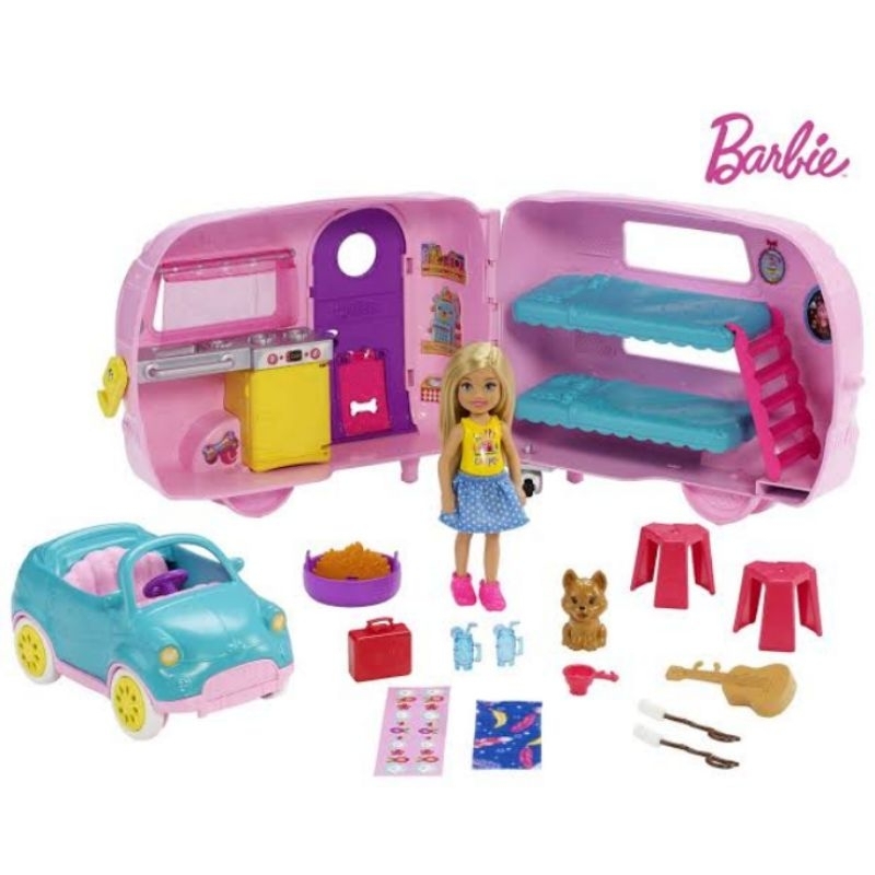 ori original mattel barbie chelsea camper car RV playset set gift little hadiah kado ultah boneka doll baby bayi mainan anak cewek perempuan girl teddy cat van club sticker play toddler birthday present camping