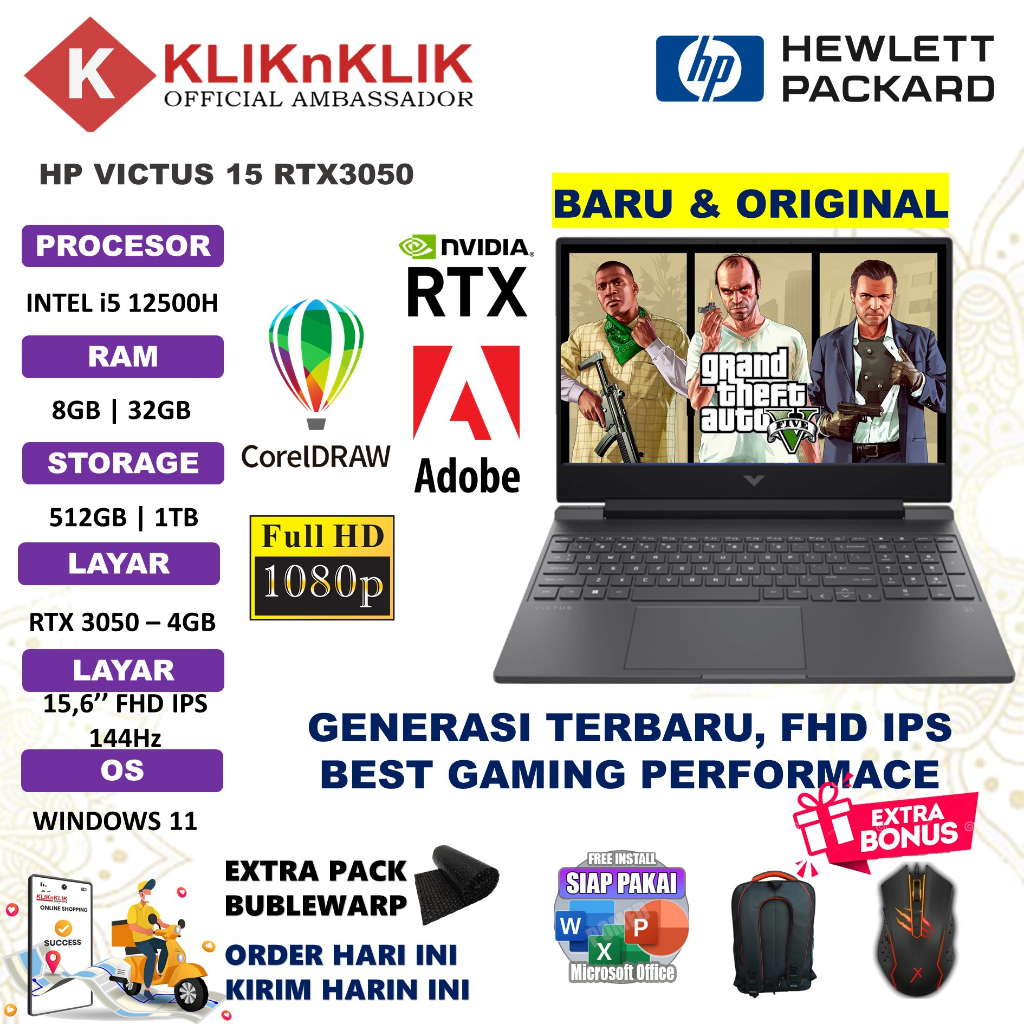 Laptop Gaming Hp Victus 15 I5 12450H 16GB 1TB RTX13050 FHD IPS 144Hz WINDOW 11 Termurah