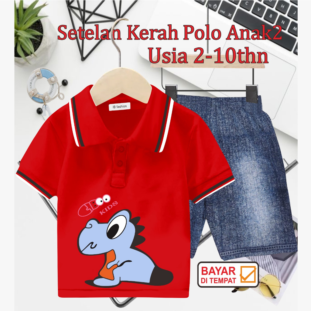 ((IB))SETELAN ANAK2 KERAH POLO SEMI JEANS/DINO DIGITAL SABLON