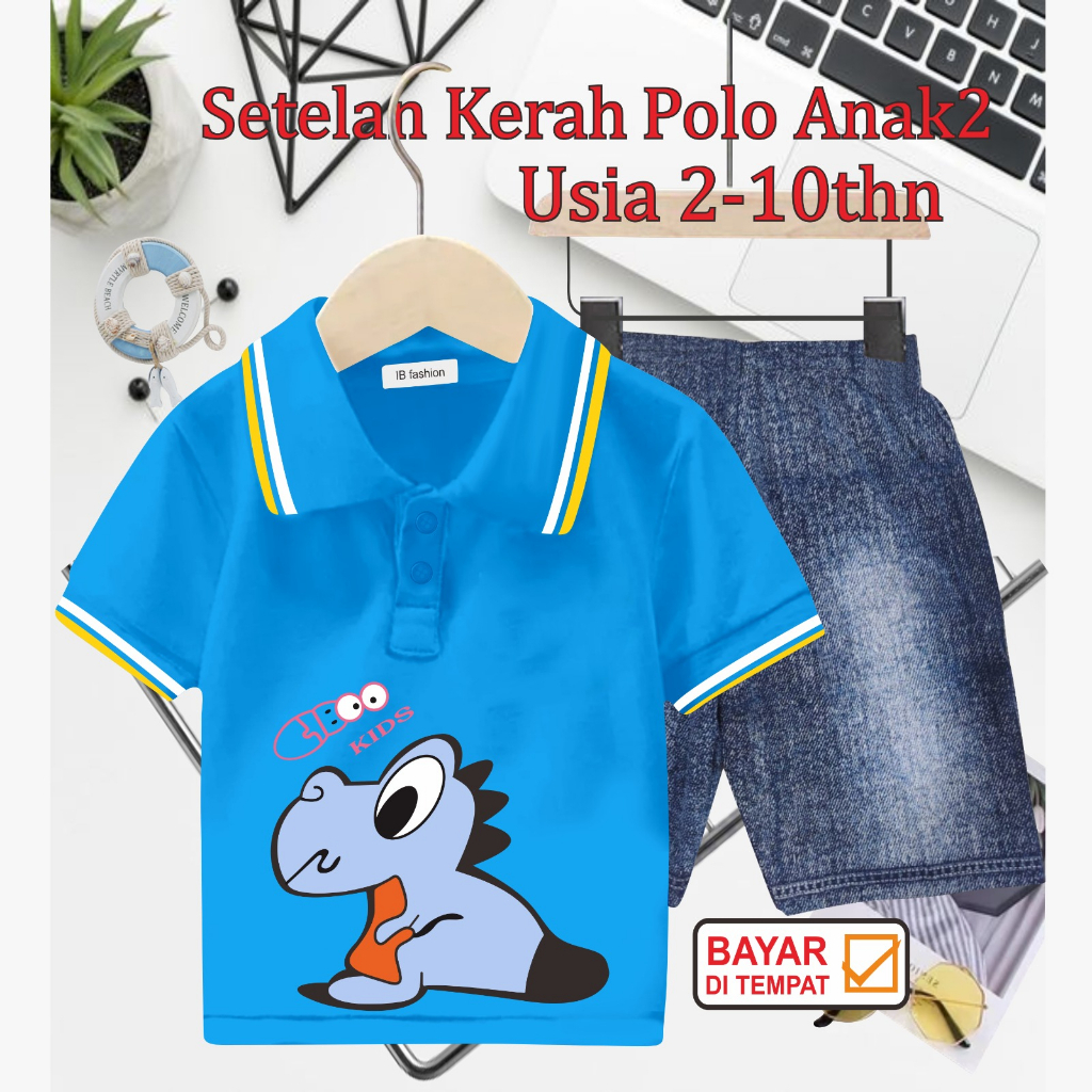 ((IB))SETELAN ANAK2 KERAH POLO SEMI JEANS/DINO DIGITAL SABLON