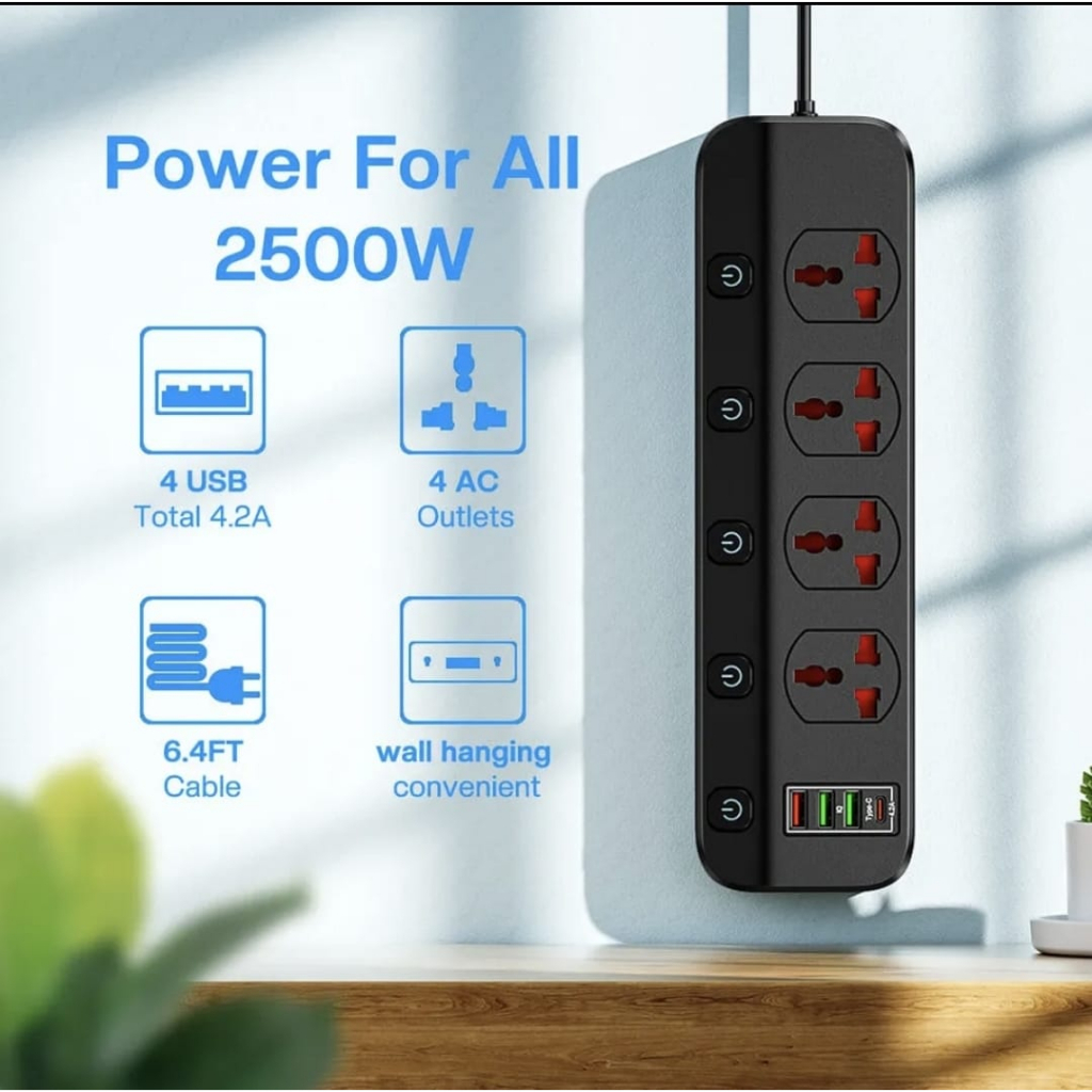 Steker colokan listrik BKL456 universal 4 power socket 4 port Usb fast charging QC 3.0