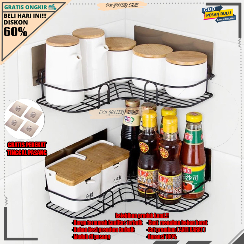 Rak Sudut Pojok Tempat Bumbu Dapur Sikat Gigi Sabun Cuci Baju Perlengkapan Peralatan Dekorasi Kamar Mandi Keranjang Besi Anti karat Gantung skincare Dan Makeup Tempel Dinding Dingding Keramik Tanpa Paku Bor Stainless Aesthetic Murah Awet Serbaguna