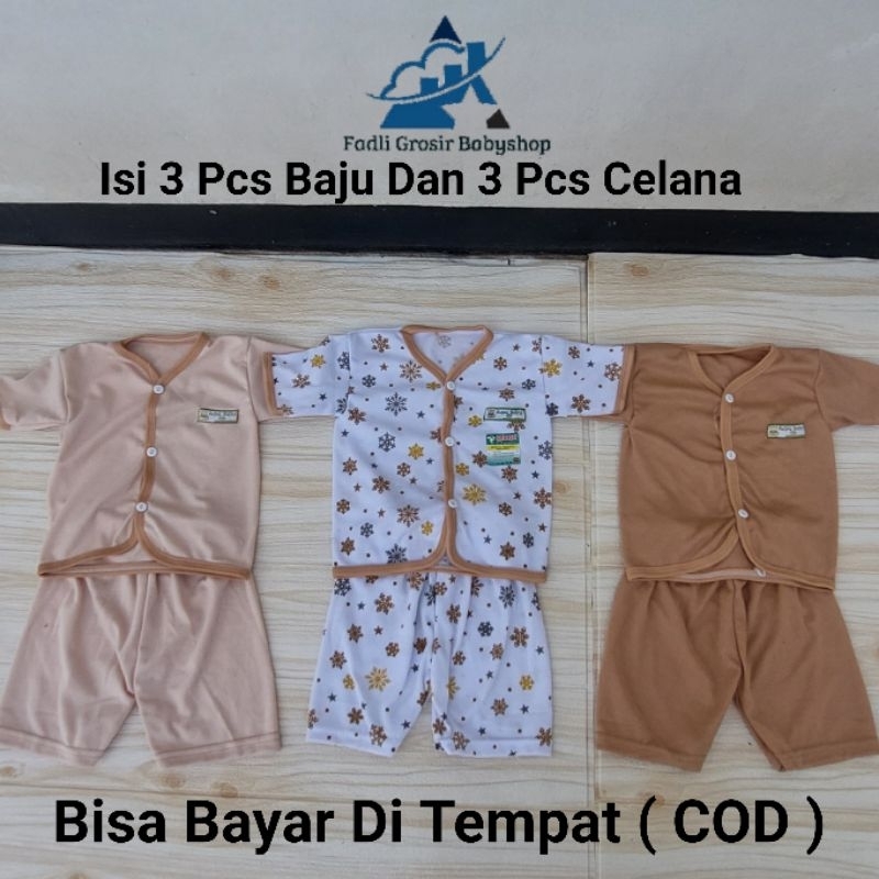 3 Setel Baju Celana Bayi Newborn Lengan Pendek Motif Coklat Kaos Anak Stelan Bayi Usia 0-3 Bulan