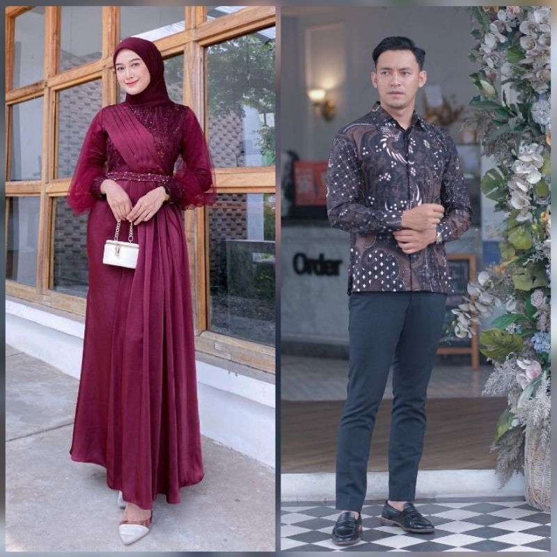 BATIK OFFICIAL - Couple Gamis Nadira Brukat Tulle Mutiara Couple Dress Kondangan Lamaran Baju Couple Lebaran Adeeva AmIra Maxi Dress Modern