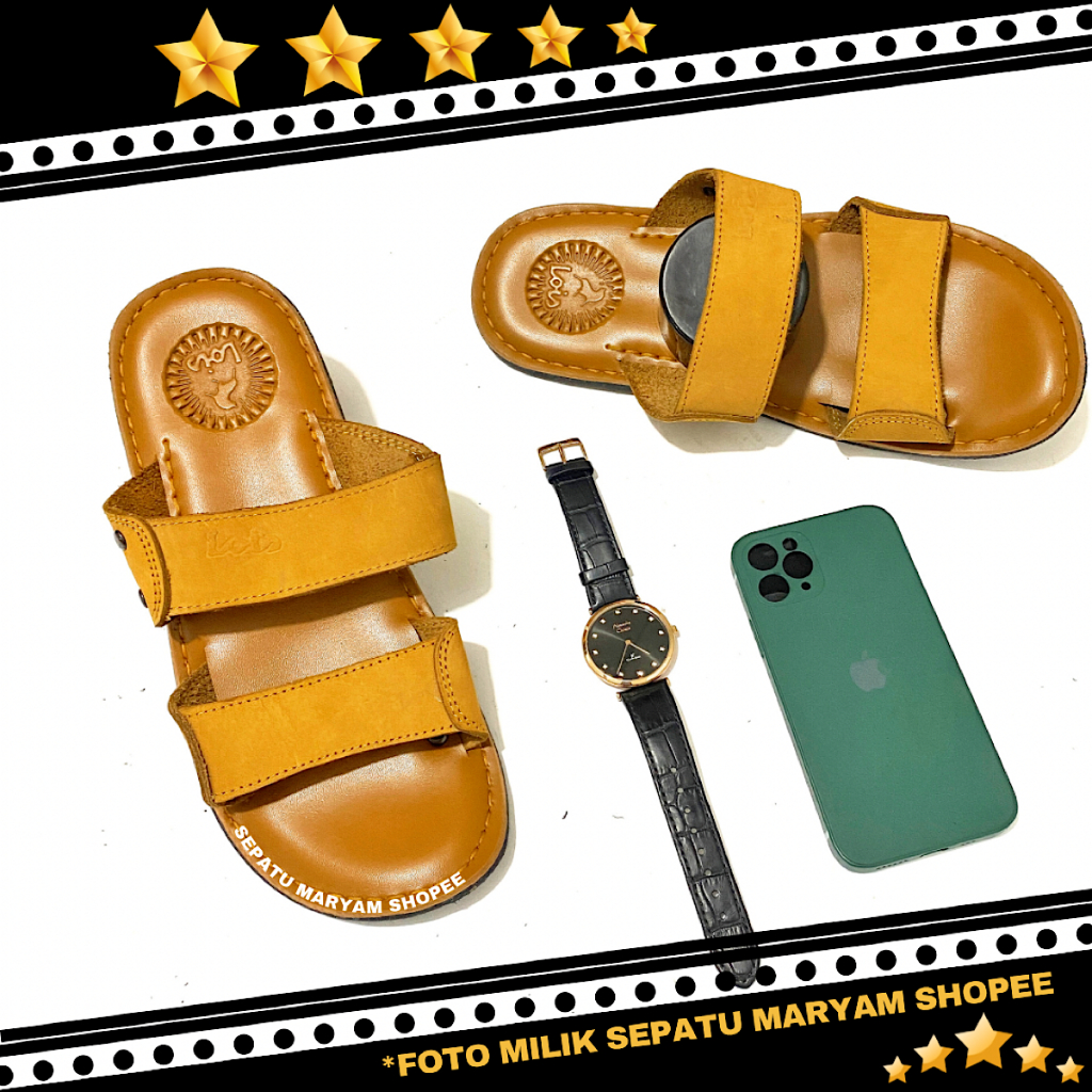 Sandal Kulit Asli Pria Tali 2 Model Slide Sendal Casual Cowok Murah Sandal Santai Pria Dewasa COD