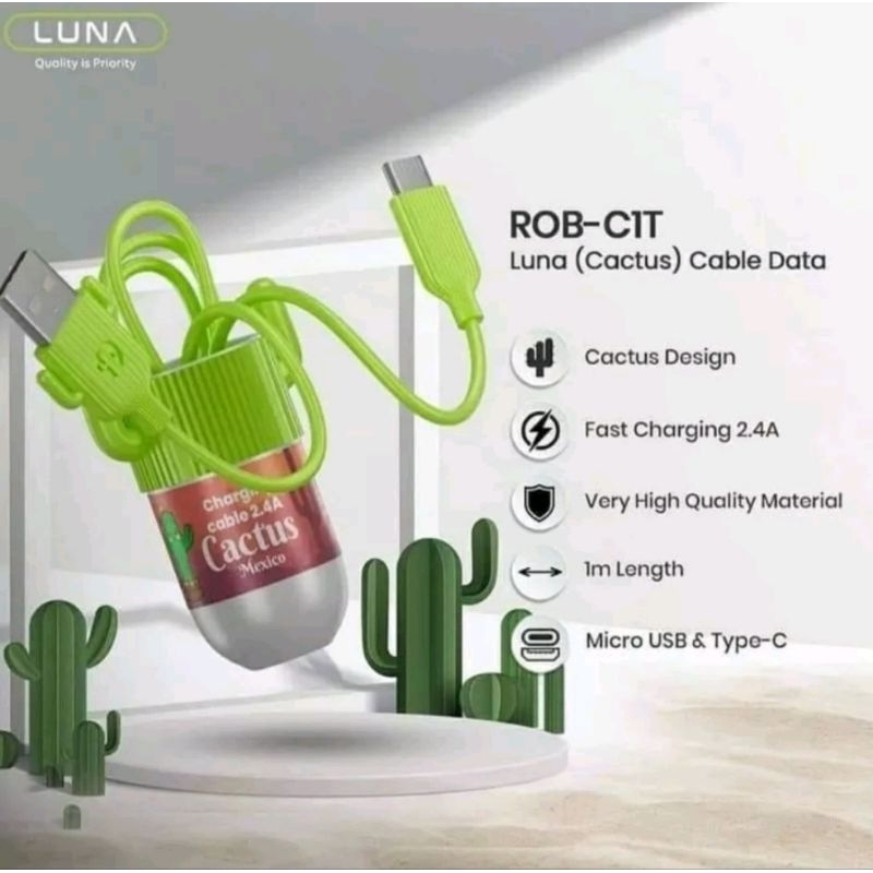 LUNA Cable Data Fast Charging 2.4A Type C Micro USB Kabel Data Cactus C152TM C152TC