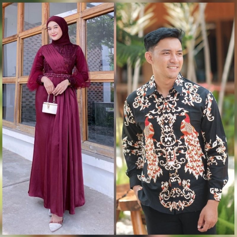 BATIK OFFICIAL - Couple Gamis Nadira Brukat Tulle Mutiara Couple Dress Kondangan Lamaran Baju Couple Lebaran Adeeva AmIra Maxi Dress Modern