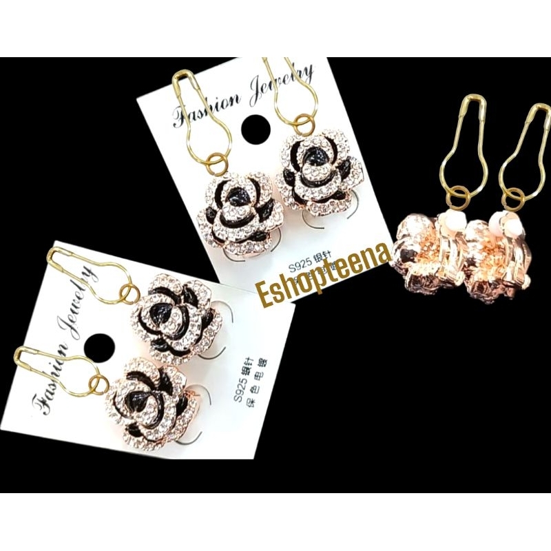 A18 anting hijab 2in1 (peniti &amp; jepit) full mata hitam rosegold_anting jilbab