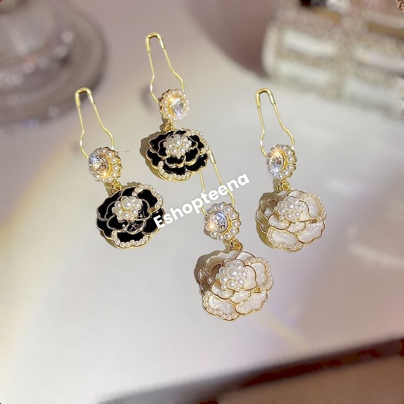 A163 anting hijab bunga mawar more pearl warna hitam_anting jilbab