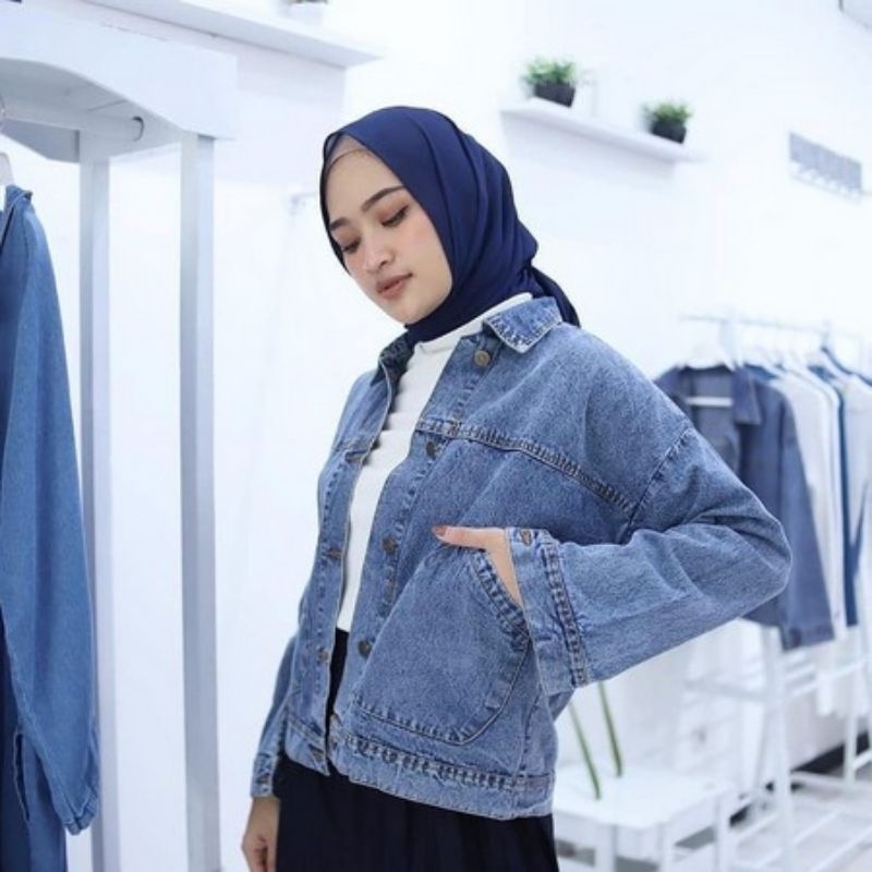 Tamstore Jaket Jeans Denim Wanita Oversize Balon