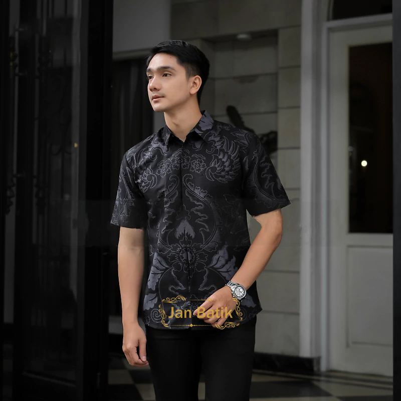 kemeja batik pria baju lengan pendek hem cowok Slimfit Atasan  alisan Model Terbaru hitam kasual fit