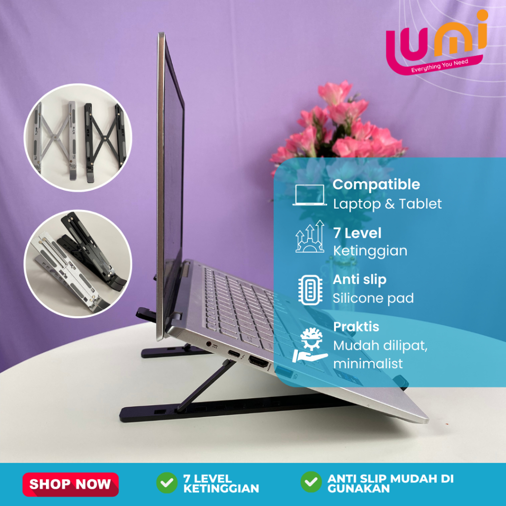 Dudukan Penyanggah Laptop Stand Portable Holder Lipat Notebook Tatakan Ipad Bahan Aluminium Alloy Single Adjustable Folding Tablet Kuat Kokoh Ringan