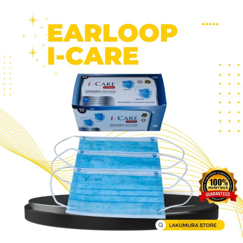 MASKER EARLOOP I-CARE 3 PLY BIRU DISPOSABLE FACE MASK ISI 50 PCS