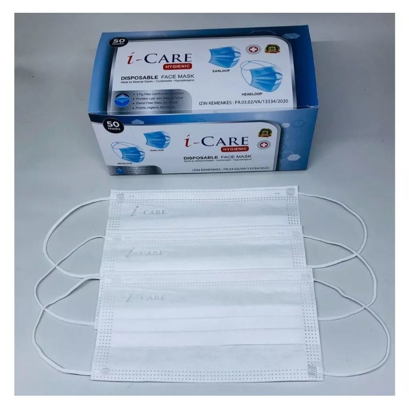 MASKER EARLOOP I-CARE 3 PLY PUTIH DISPOSABLE FACE MASK ISI 50 PCS