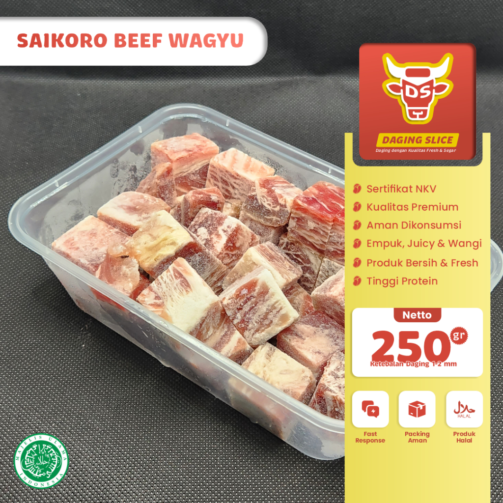 

Daging Sapi Potong Saikoro Beef Wagyu 250gr Empuk Untuk Grill Fresh Segar Kualitas Terbaik Mudah Disimpan Dan Dimasak Frozen Food