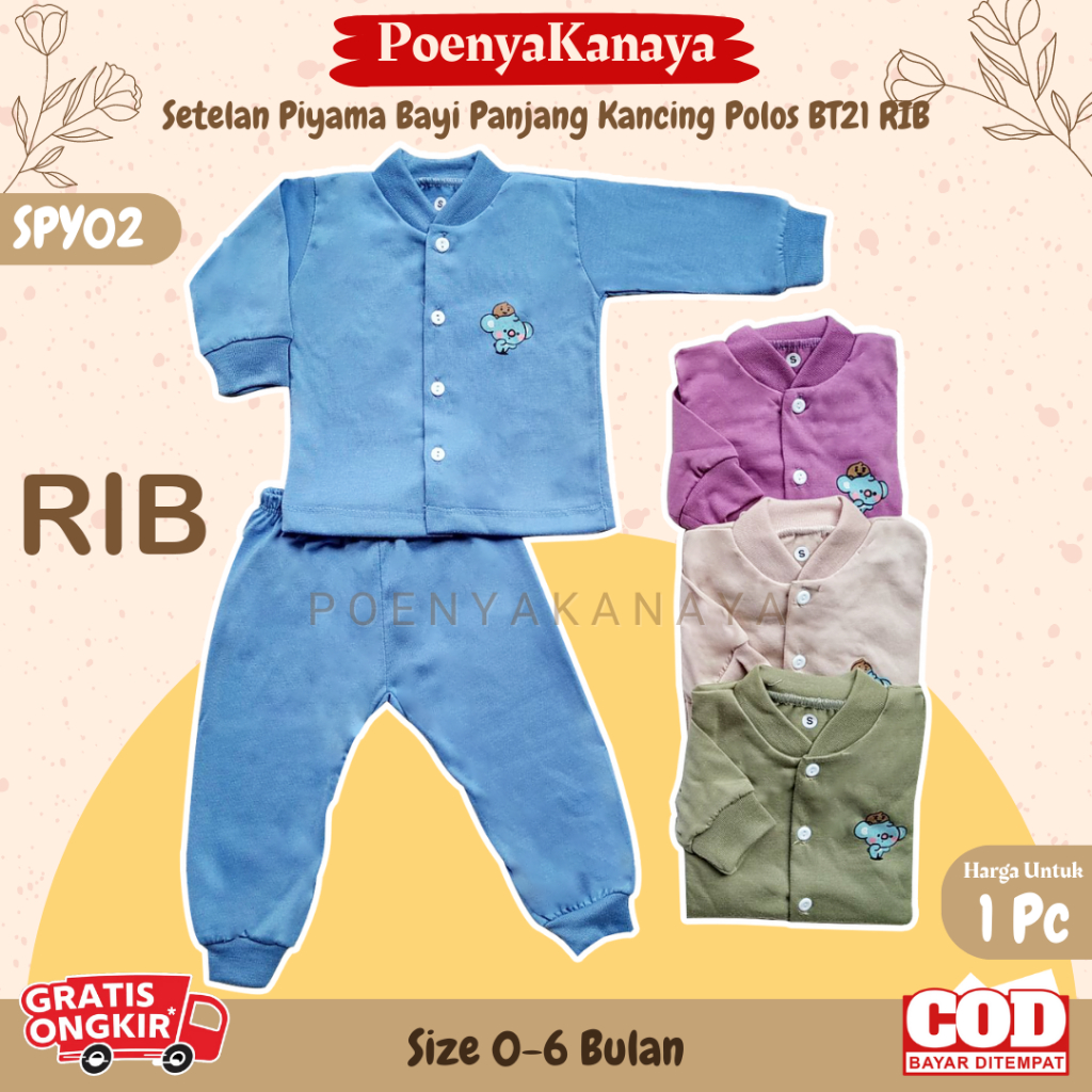 Setelan Baju Bayi Piyama Bayi PANJANG KANCING POLOS BT21 0-6 Bulan SPY02