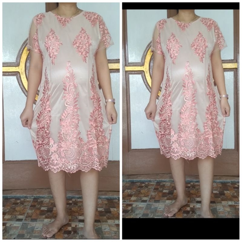 Dress terusan pesta tunik  brokat pesta merah