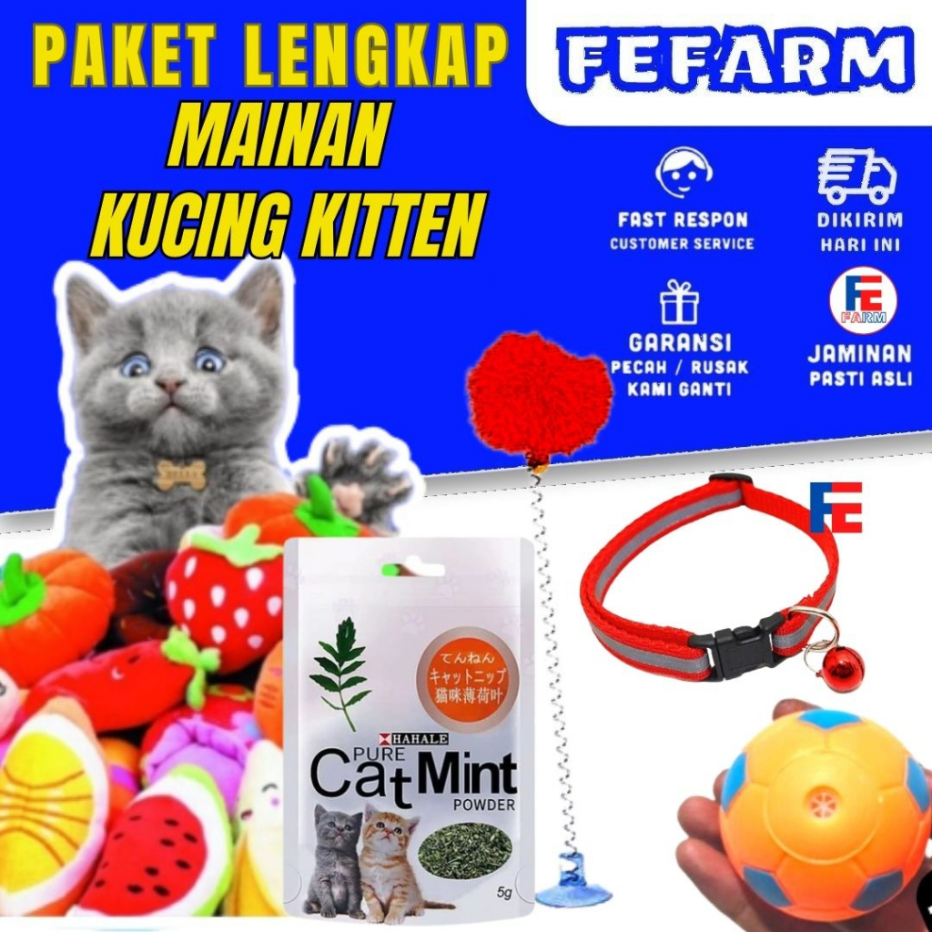 PAKET MAINAN KUCING MURAH - MAINAN KUCING KITTEN CATNIP IKAN + TONGKAT BULU LONCENG + TONGKAT TIKUS BULU + BOLA GIGI FEFARM