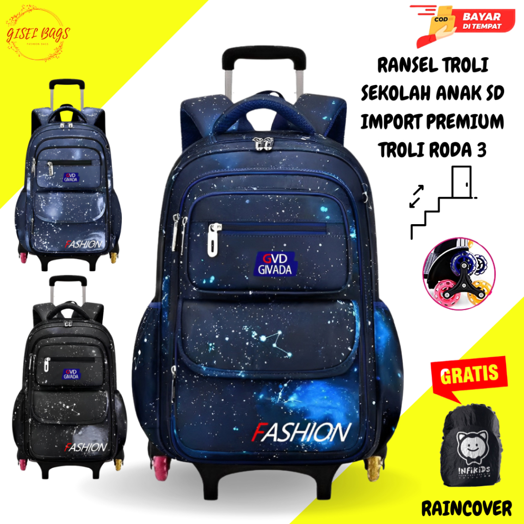 Tas ransel troli sekolah anak laki laki sd lipat Roda 3 Gagang 2 import buka depan anti air terbaru