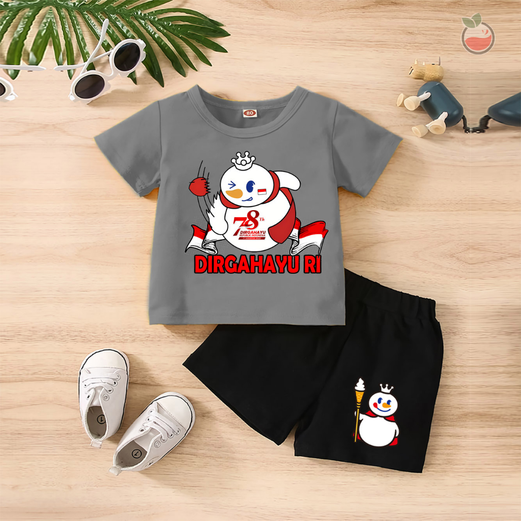 Baju Anak Stelan Kaos 3/4 MIXUE LEMPAR BOLA HUT RI 78 NKRI INDONESIA PANCASILA Cowok Cewek  Usia 1 - 4  Tahun Celana Pendek Harian