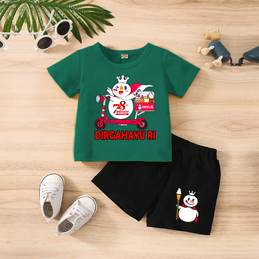 Baju Anak Stelan Kaos 3/4 MIXUE HUT FOOD RI 78 NKRI INDONESIA PANCASILA Cowok Cewek  Usia 1 - 4  Tahun Celana Pendek Harian