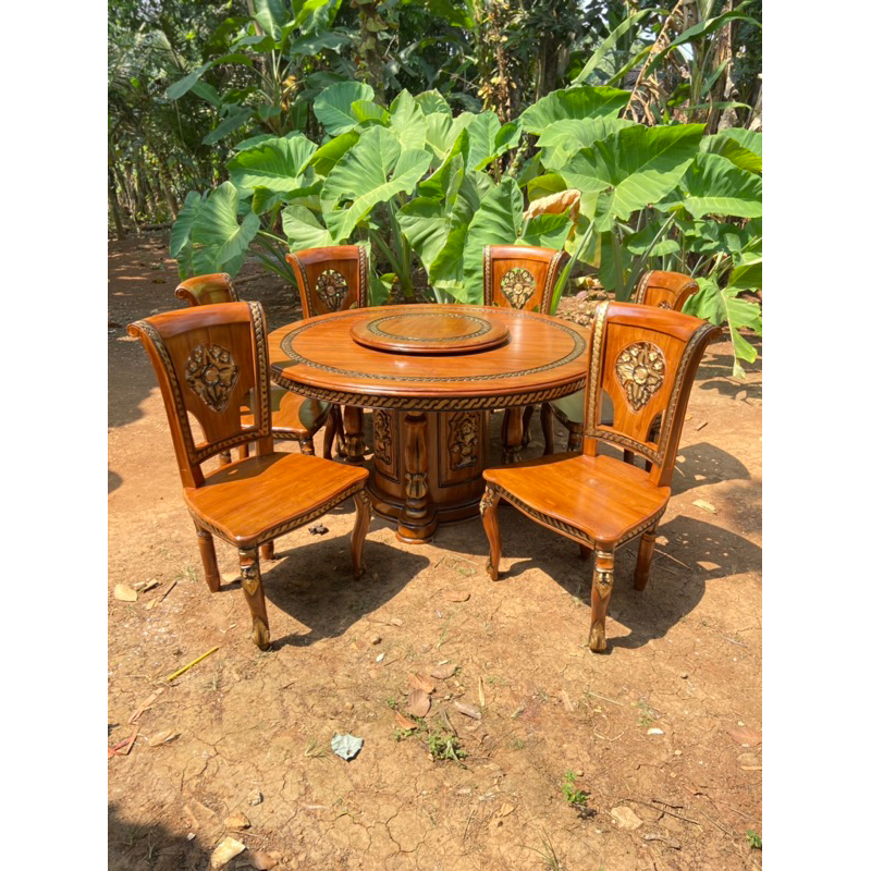 meja makan ukiran Jepara kursi 6 mewah bahan kayu jati solid berkualitas lanawooden.id meja makan se