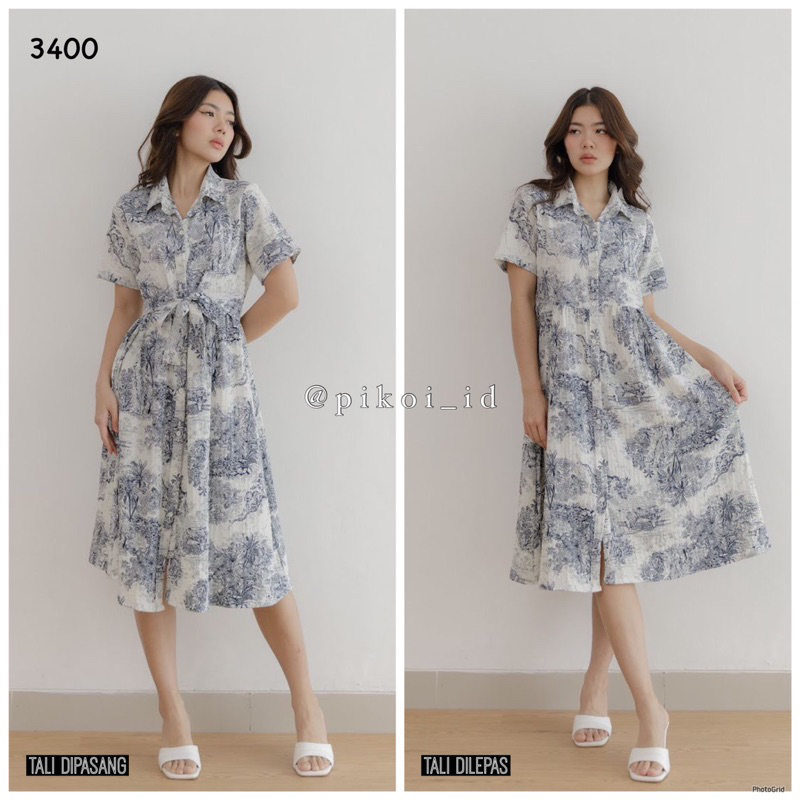 Vintage dress wanita biru putih / dress busui wanita jalan santai / midi dress ikat putih 3400