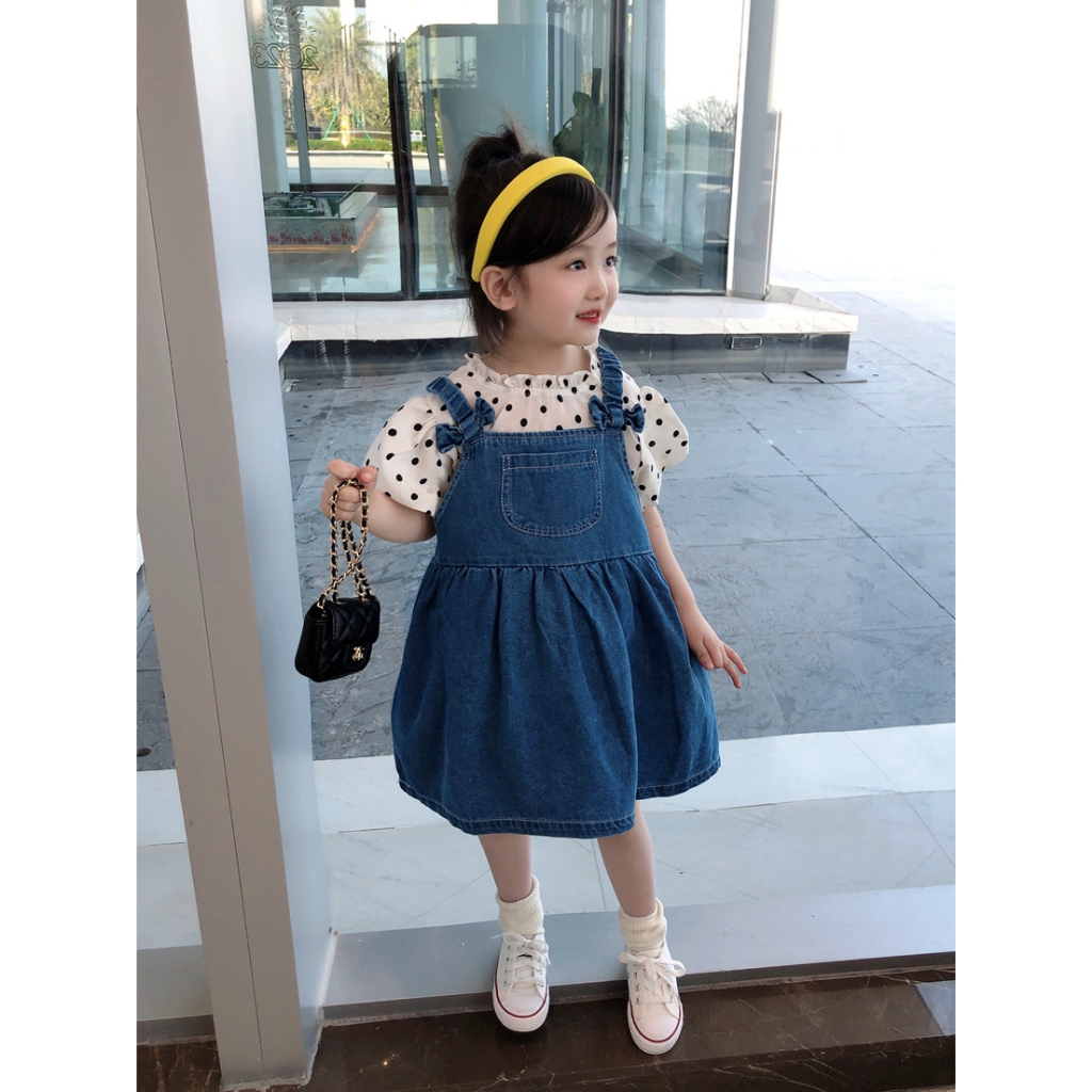 DR54-Dress Anak Perempuan Overall Kaos Polka + Overall Jeans