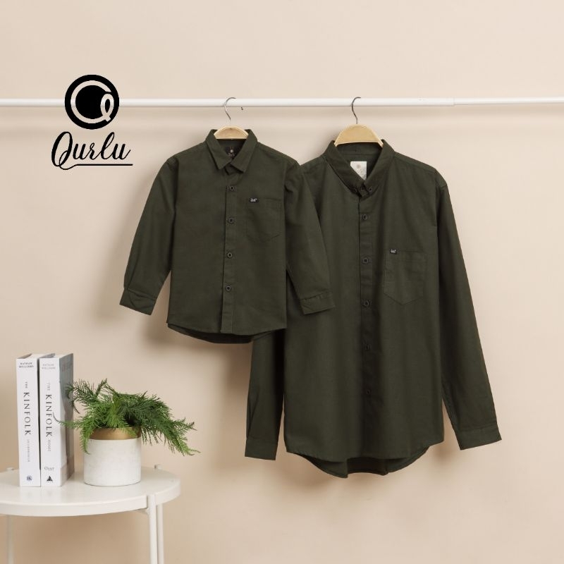 Qurlu - Kemeja KERAH FORMAL dewasa / anak warna HIJAU ARMY ( kemeja couple ayah anak )