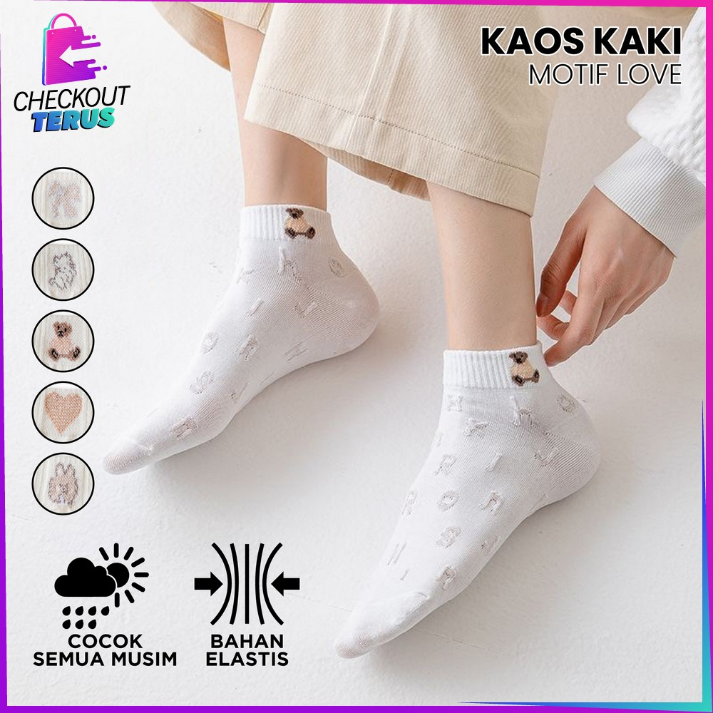 CT P576 Kaos Kaki Wanita Semata Kaki Motif Bordir Karakter Ankle Socks Kaos Kaki Putih Pendek Lucu Dewasa Motif Love Gaya Korea Import