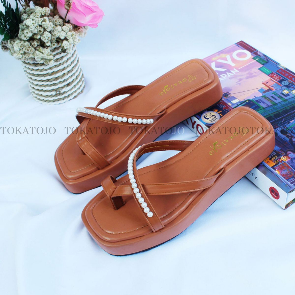 Sandal flatform wanita tali silang mutiara terbaru Sandal wedges wanita terbaru