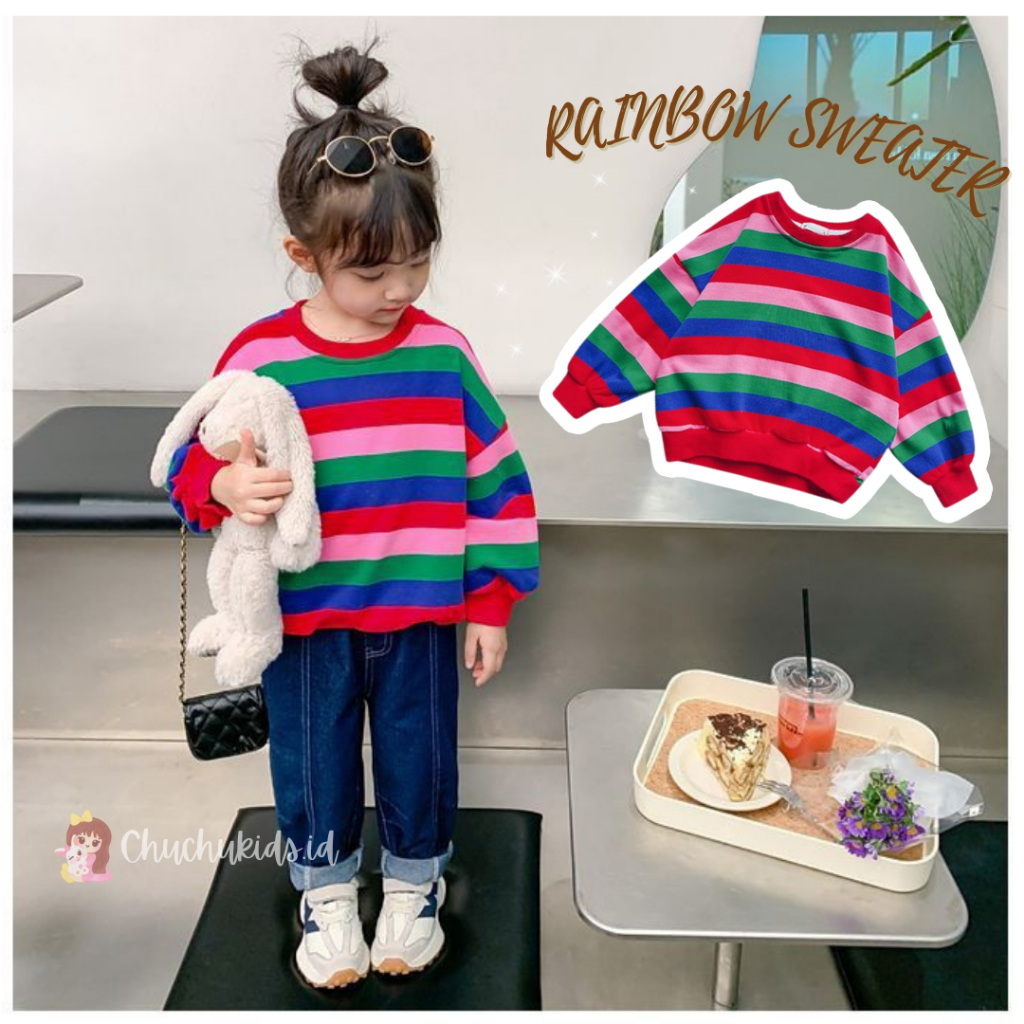 Sweater Anak Perempuan Pelangi SWEATER RAINBOW Baju Anak perempuan lengan panjang Garis Garis bahan knit, Mantel bayi anak perempuan laki laki import 1 - 5 tahun