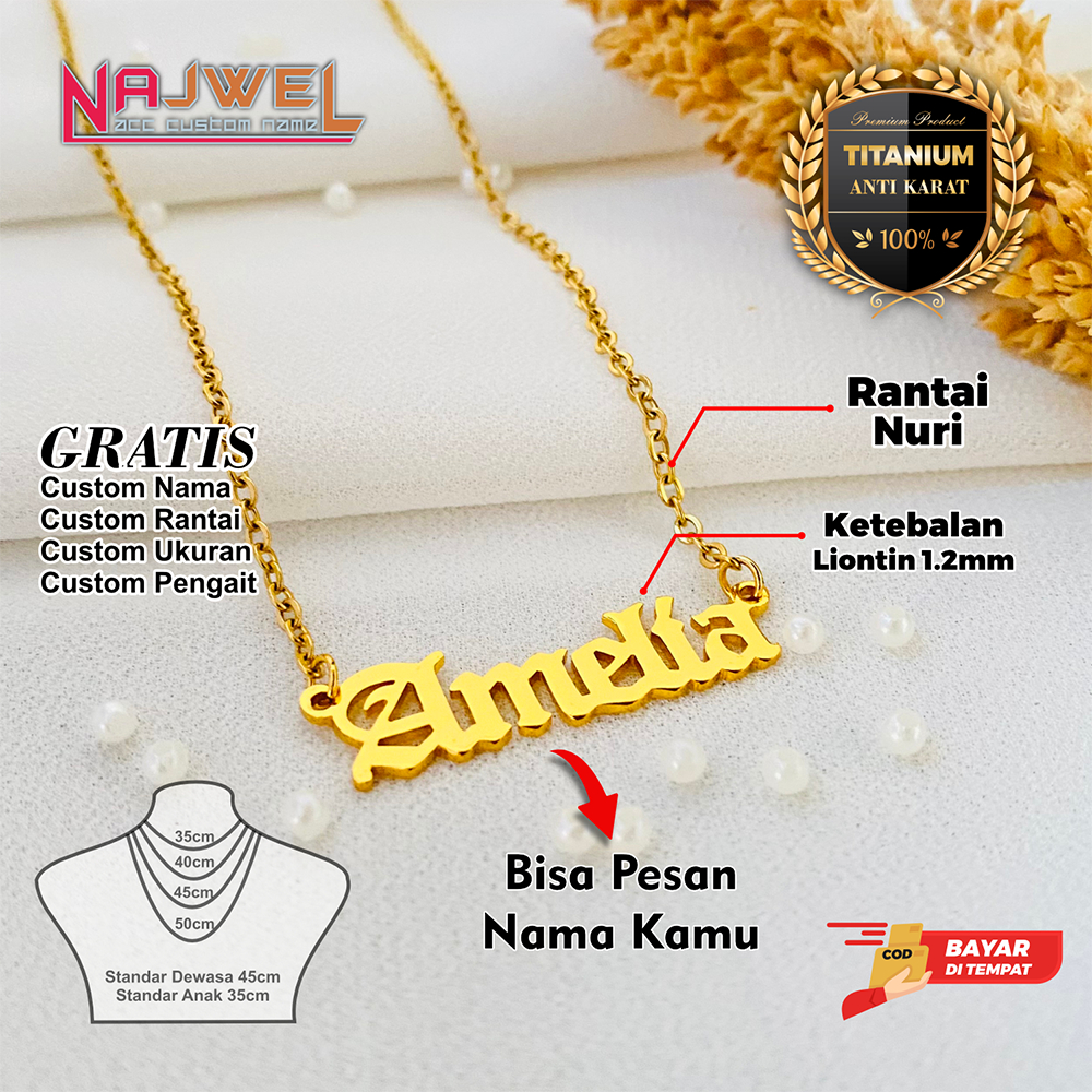 Kalung Custom Nama Titanium Anti Karat Model Kalung Liontin Amelia Bisa Pesan Sesuai Nama Kamu Aksesoris Fashion Wanita Premium Titanium Terbaru 2023