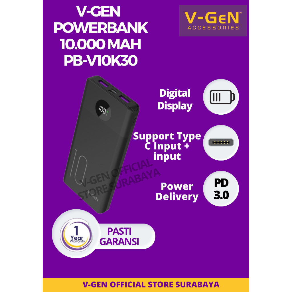 Powerbank V-GeN Rescue V10K30 10000mAh Type C Fast Charging QC PD VOOC