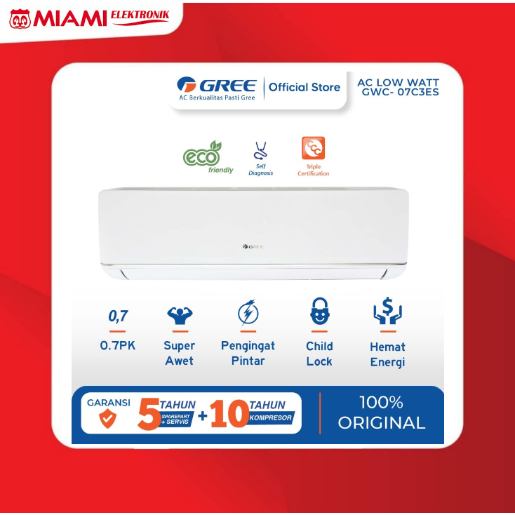 GREE GWC-07C3E(S) / GWC07C3ES AC DELUXE LOW WATT - PUTIH 3/4 PK