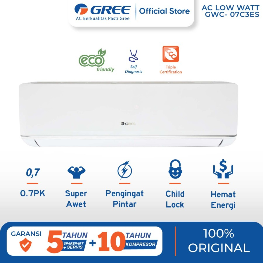 GREE GWC-07C3E(S) / GWC07C3ES AC DELUXE LOW WATT - PUTIH 3/4 PK