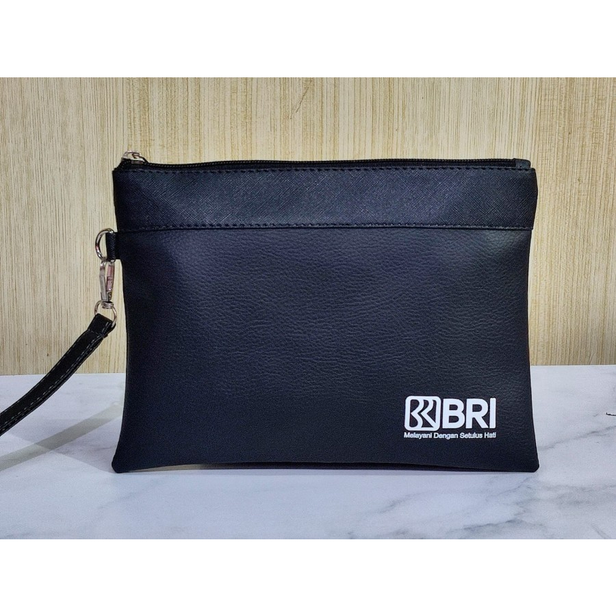 HANDBAG PRIA WANITA V3 CUSTOM BANK BRI HITAM KULIT PREMIUM / SOUVENIR CUSTOM PRINTING