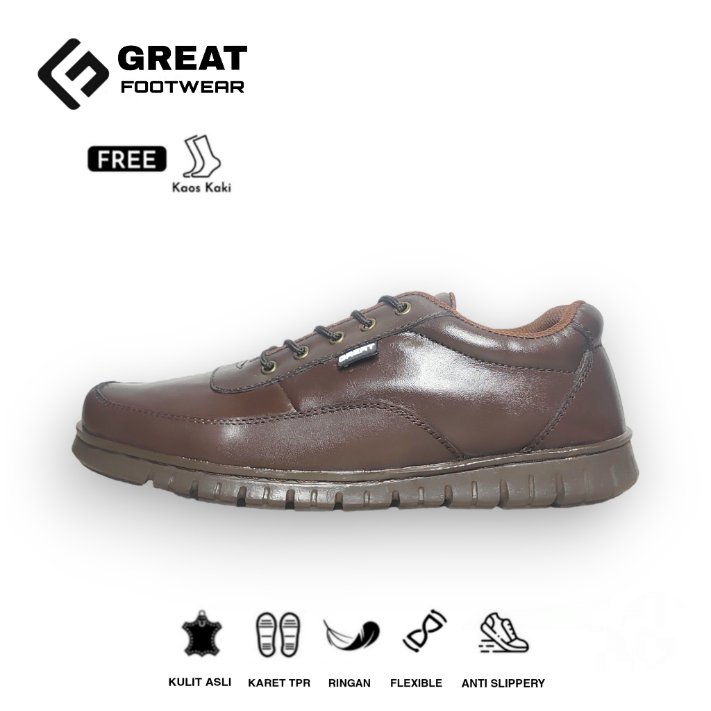 GREAT FOOTWEAR Sepatu Sneakers Pria Kulit Asli Sepatu Sepatu Kerja Pria Kasual Formal Anti Licin Kozy Brown