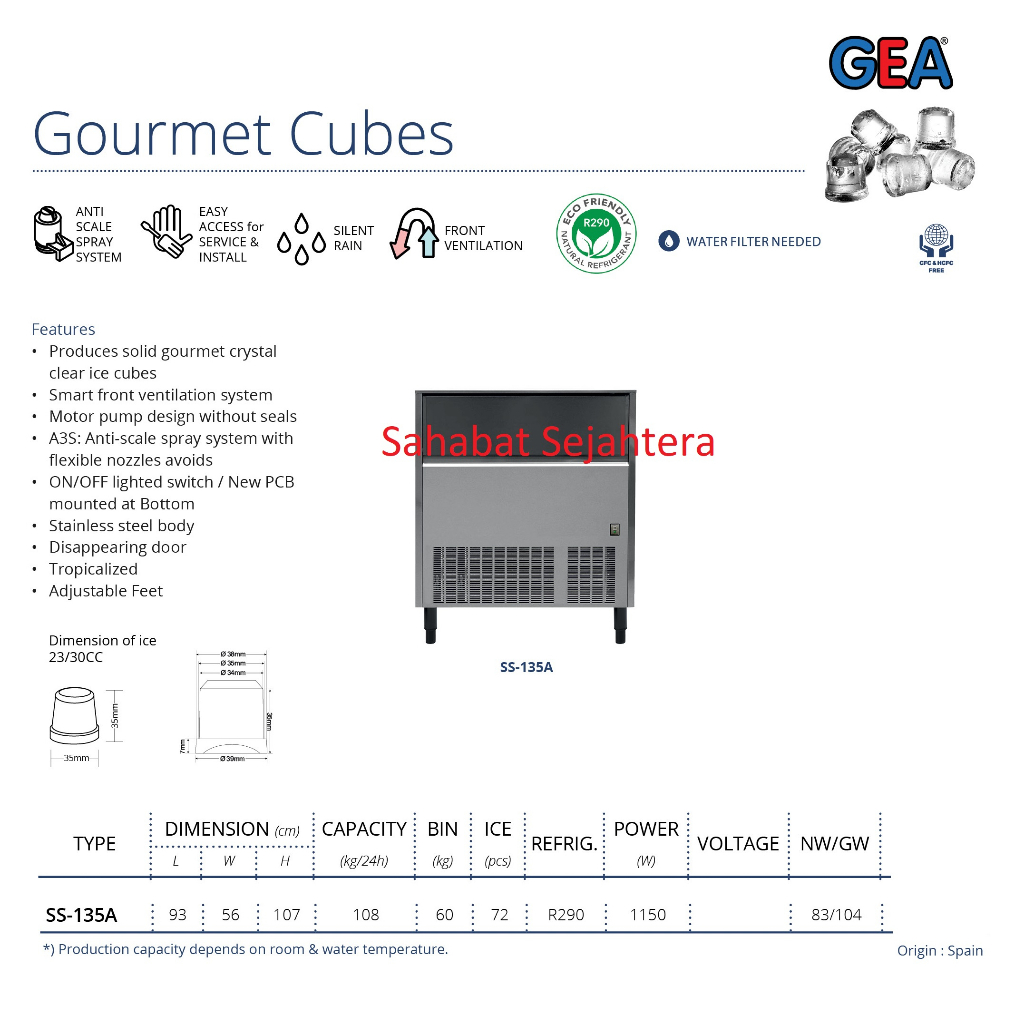 GEA Gourmet Cubes SS-135A Mesin Pembuat Es Batu Gourmet 108kg/Hari