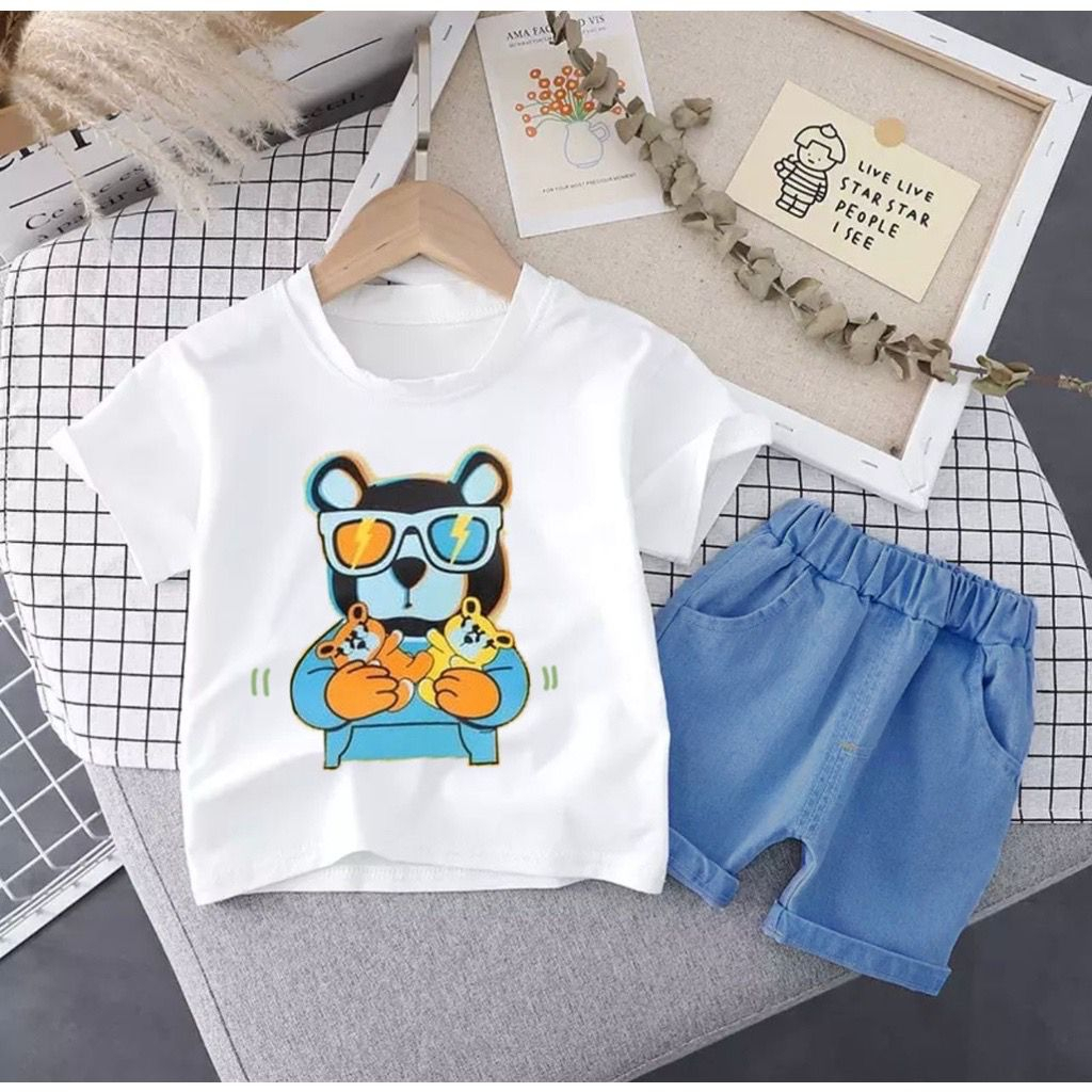 SETELAN KAOS DAN CELANA JEANS PENDEK ANAK LAKI LAKI IMPORT 1-5 TAHUN MOTIF HEWAN DENIM/ SET OUTFIT PAKAIAN ANAK KEKINIAN