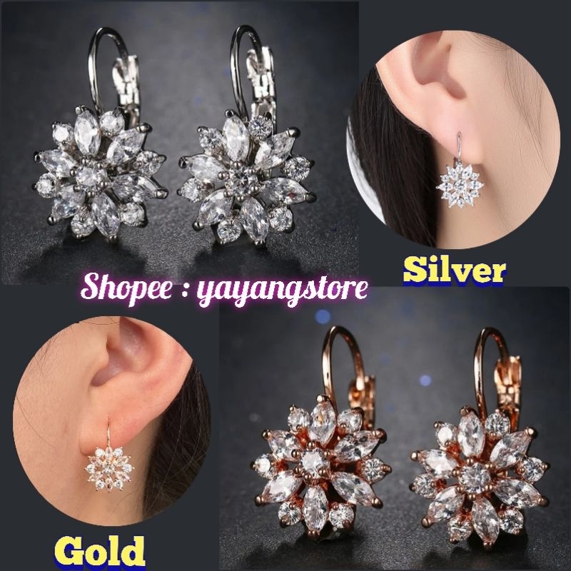 Anting Giwang Flower Stud / Anting Bunga Kristal Batu permata wanita Mewah Silver dan Gold Untuk Acara Pesta