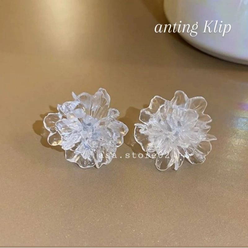 Anting Klip Telinga Bunga Bening/Anting Jepit