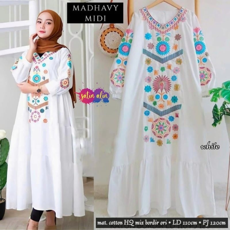 MADHAVY MIDI DRESS PUTIH WHITE KOMBI BORDIR ASLI