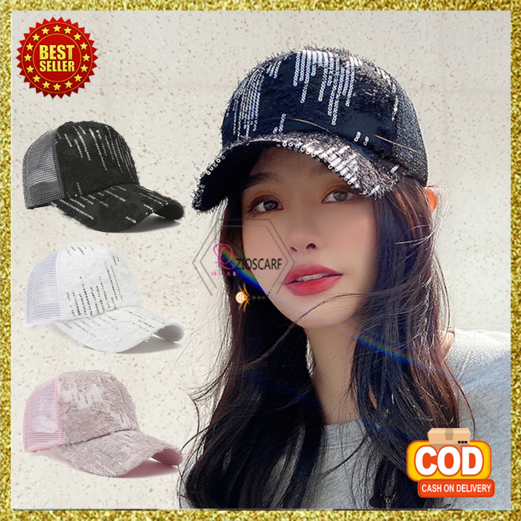 Topi Baseball Wanita Motif Bulu Manik Sequin Trucker Hat Pria Fashion Casual Sport Gaya Korea Kekinian BSBU