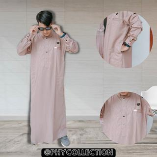 Baju Jubah Gamis Thobe Pria Laki Laki Dewasa Cowok Remaja Model Haromain Motif Embos Lengan Panjang Ukuran S M L XL XXL [AL-HASAN]