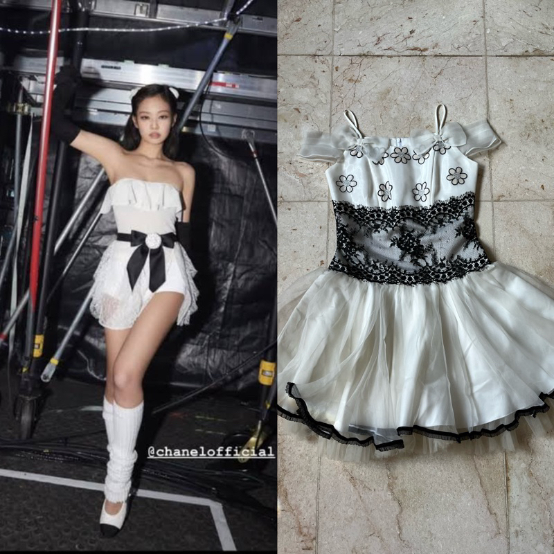Blackpink Jennie Inspired White Tulle Chiffon Black Lace Corset Dress