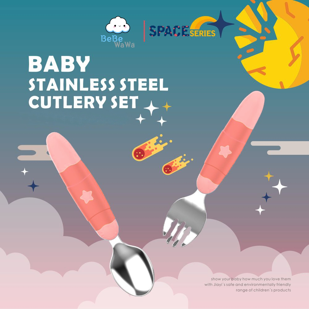 BeBeWaWa Stainless Baby Spoon &amp; Fork Set - Sendok &amp; Garpu Makan Bayi &amp; Anak BY SMOLL