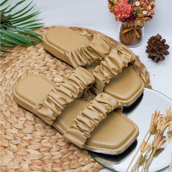 Sandal Wanita Platform Kerut Ban Dua - Sendal Slop Wegdes Straps Korea Kekinian Viral 2023